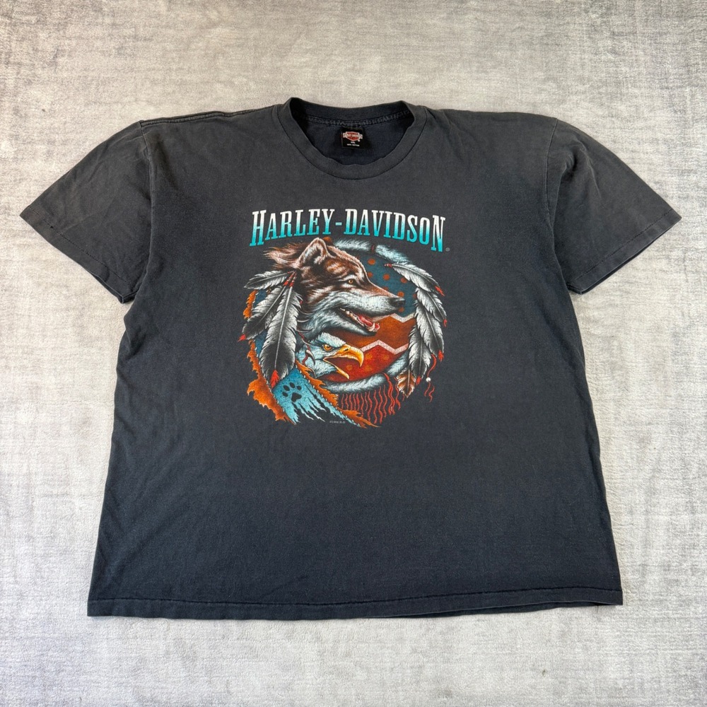 Harley Davidson Shirt Mens 2XL Black Vintage 1996 Wolf Eagle Native Biker Grunge
